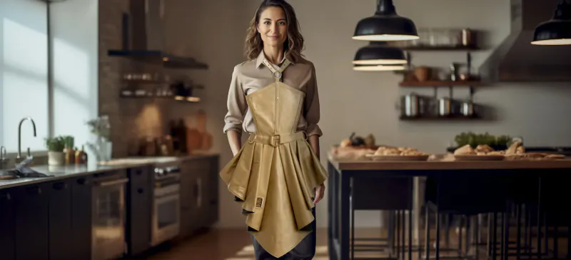 Woman in beige flared apron and collared shirt stands confidently in modern kitchen with pendant lights and counters.