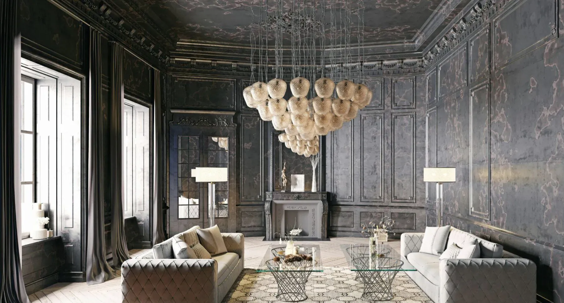 Luxurious dark paneled living room with large bubble chandelier, white sofas, glass coffee table, and fireplace.