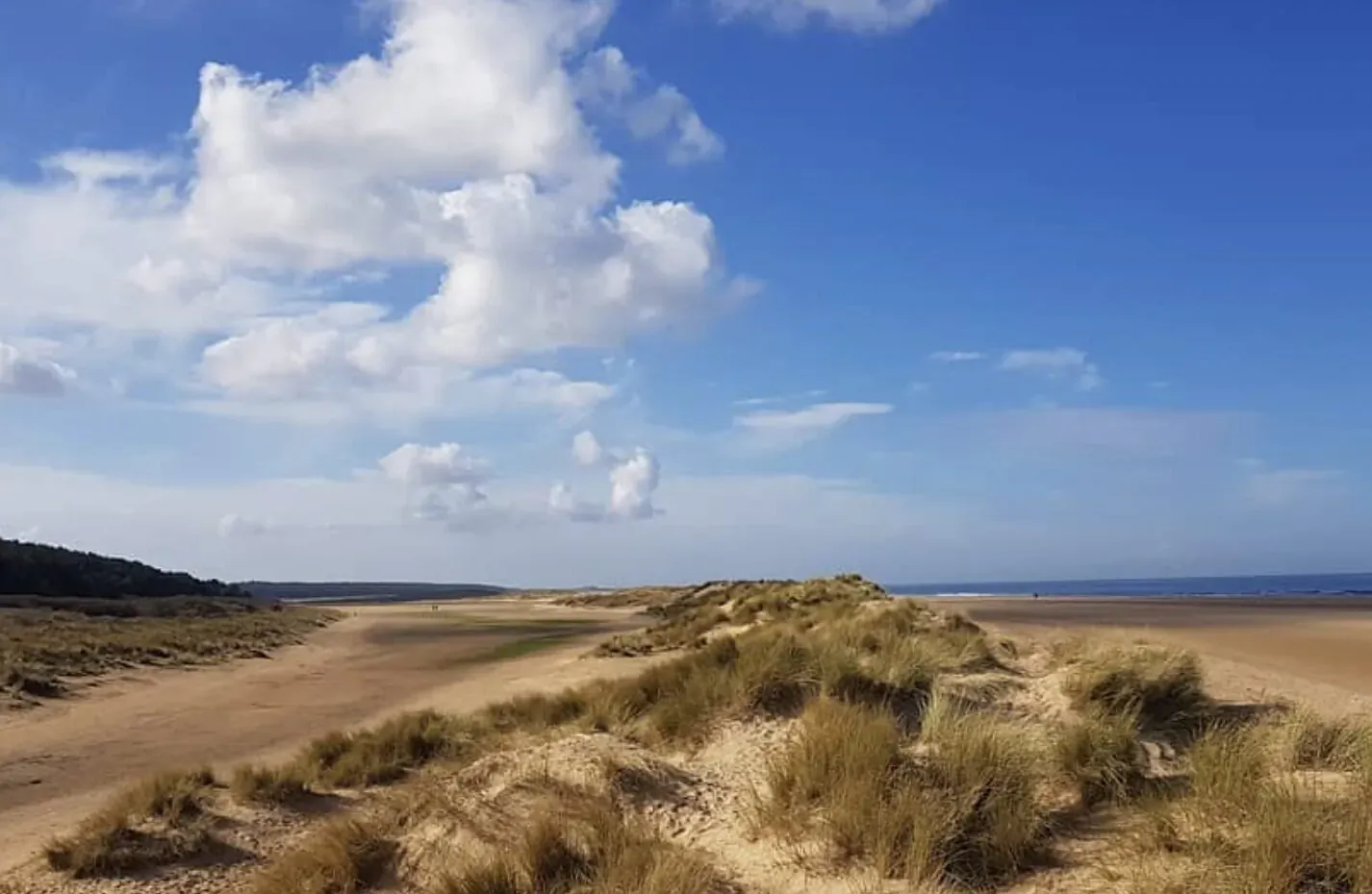 Sandy beach with dunes and paths under partly cloudy blue sky in Norfolk