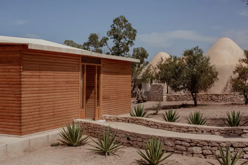Wooden cabin with door and ramp beside two dome structures, agave plants, trees, in sunny Essaouira retreat