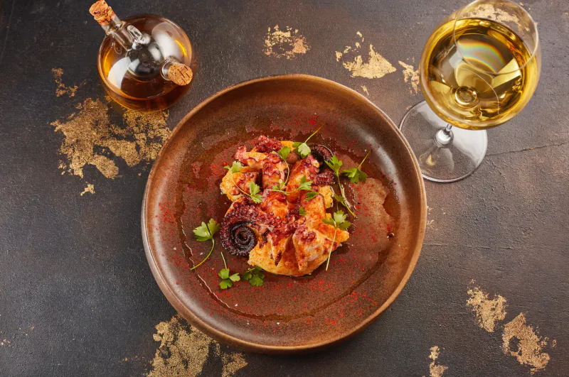Close-up of prawns in red sauce garnished with microgreens in wooden bowl, with olive oil bottle and white wine glass on textured table.