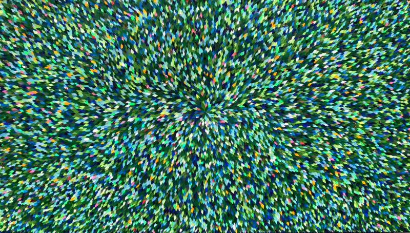 Vibrant green and multicolored pixelated abstract artwork by Robi Walters at Aston Martin Residences art gallery