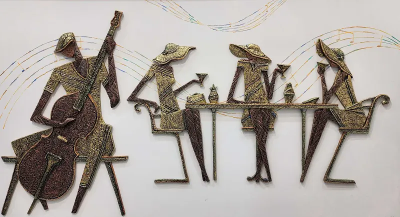 Stylized metal art of man playing double bass with three women in hats at café table, musical notes swirling.