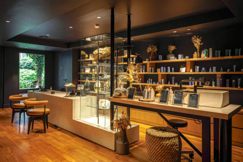 Elegant luxury spa reception with wooden shelves of products, counter, bar stools, and plants in modern interior