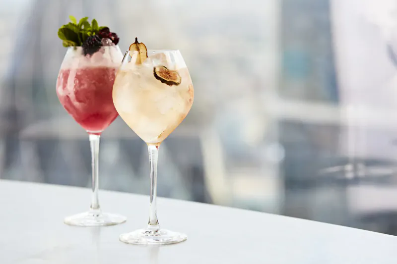 Two elegant cocktails on a bar counter: pink frozen with blackberries and mint, golden with fig; city skyline view.
