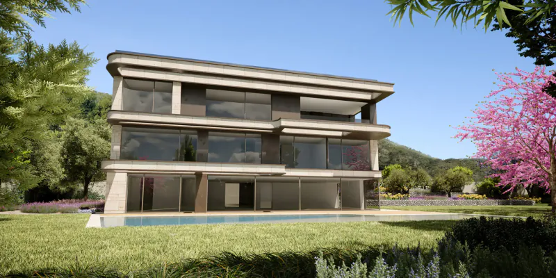 Modern three-story ultra-luxury villa in Barcelona with large glass windows, infinity pool, lush garden, trees, and mountains under blue sky.