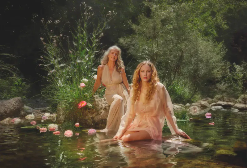 Two ethereal women in flowing gowns, one seated in a lush green stream with pink lotus flowers, surrounded by greenery.
