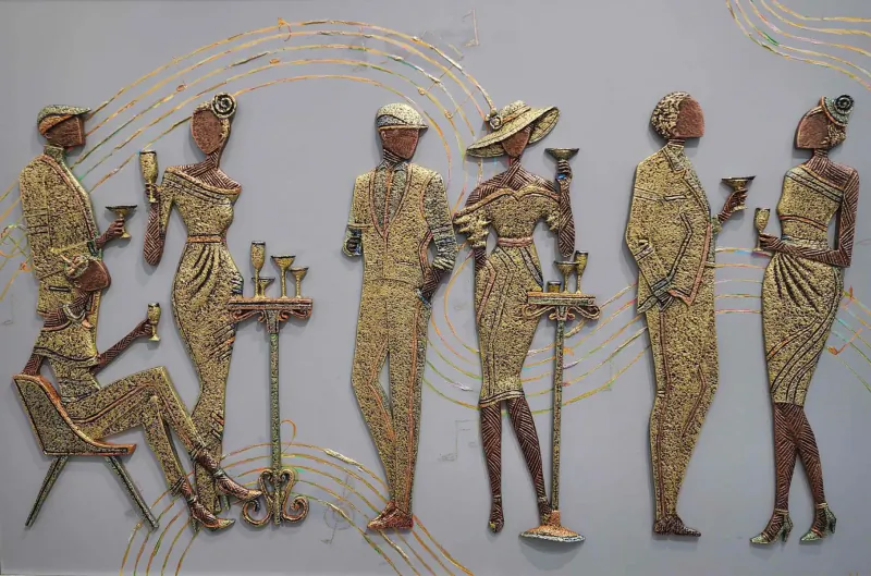 Gold-toned relief sculpture of six stylish Black figures in elegant attire toasting with champagne glasses at a table.