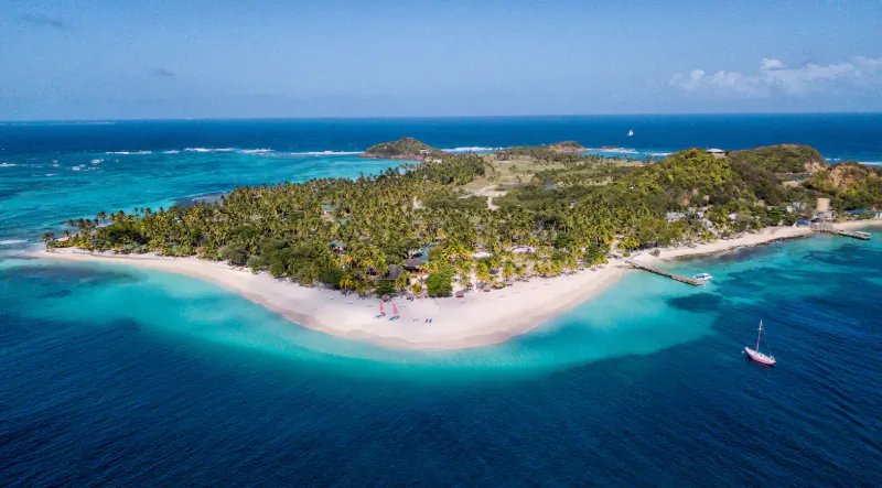 Aerial view of Palm Island Resort & Spa, lush tropical island with white sand beaches, turquoise waters, palm trees, dock, and sailboat in St Vincent & Grenadines.