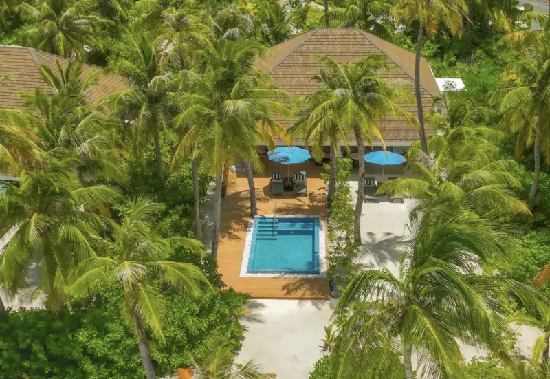 Aerial view of SAII Maldives resort: thatched villas, blue pool, umbrellas amid lush palm trees.