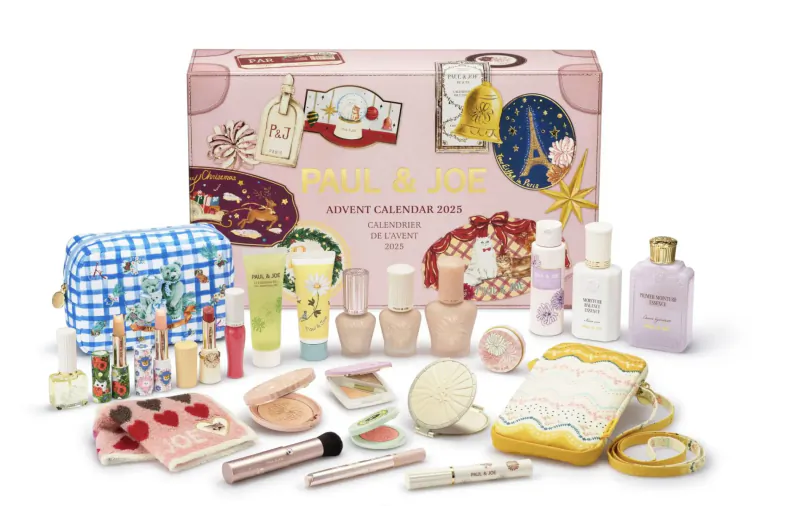 Paul & Joe Advent Calendar 2023: pink suitcase box with cosmetics, makeup, perfumes, and accessories.