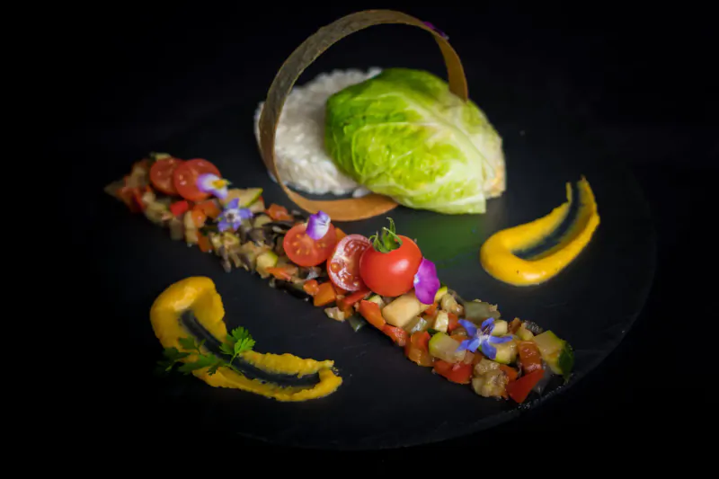 Artistic plated dish with ratatouille, rice in edible ring, lettuce, tomatoes, mustard sauce on black plate