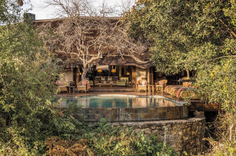 Tuningi Safari Lodge in Madikwe Game Reserve: thatched luxury building with lounge, infinity pool, surrounded by lush trees.
