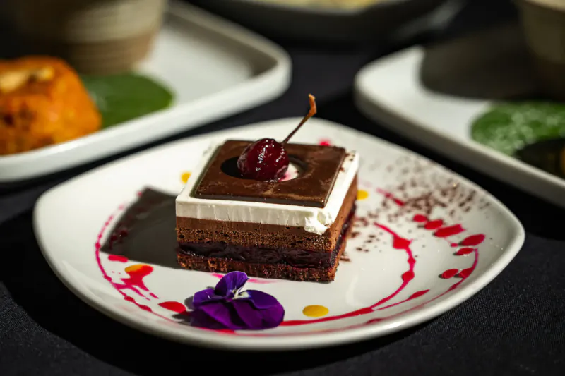 Square chocolate layered cake topped with cherry on white plate with purple flower and red sauce drizzle