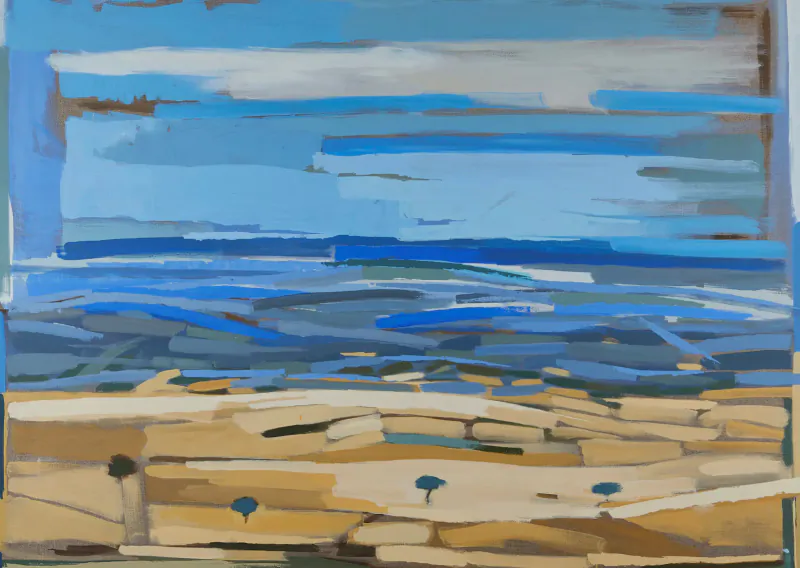 Abstract painting of blue sea, sandy shore, and scattered trees by Katharine Edwards