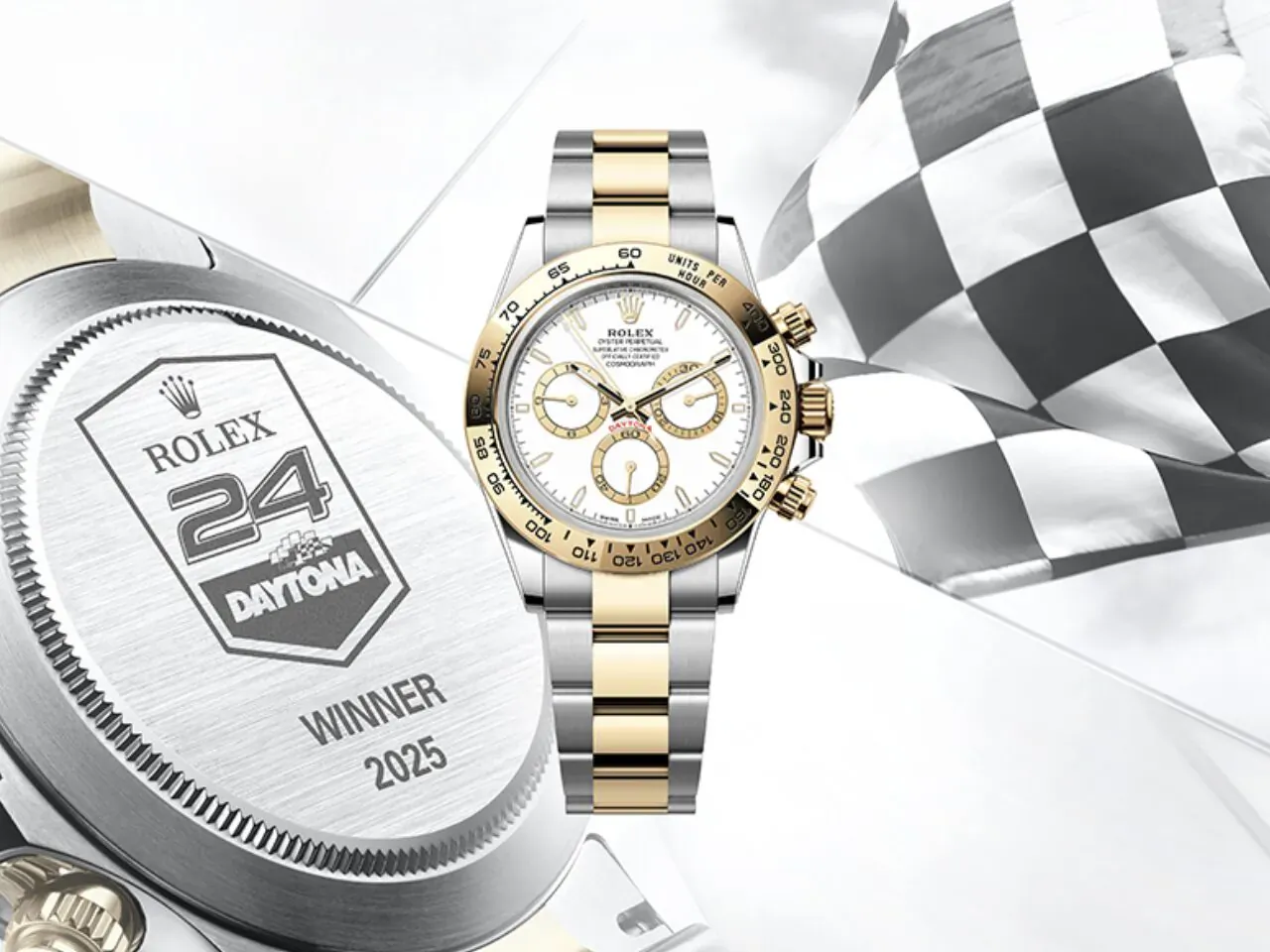 Rolex Daytona Cosmograph white gold watch with checkered flag and 'Rolex 24 Daytona Winner 2025' trophy plaque