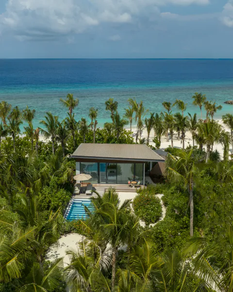 Aerial view of modern Crossroads Maldives villa with infinity pool, surrounded by palm trees and turquoise ocean.