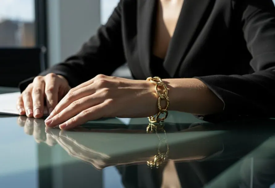 Close-up of woman's hands on glass desk wearing chunky gold chain bracelet, office window backdrop.