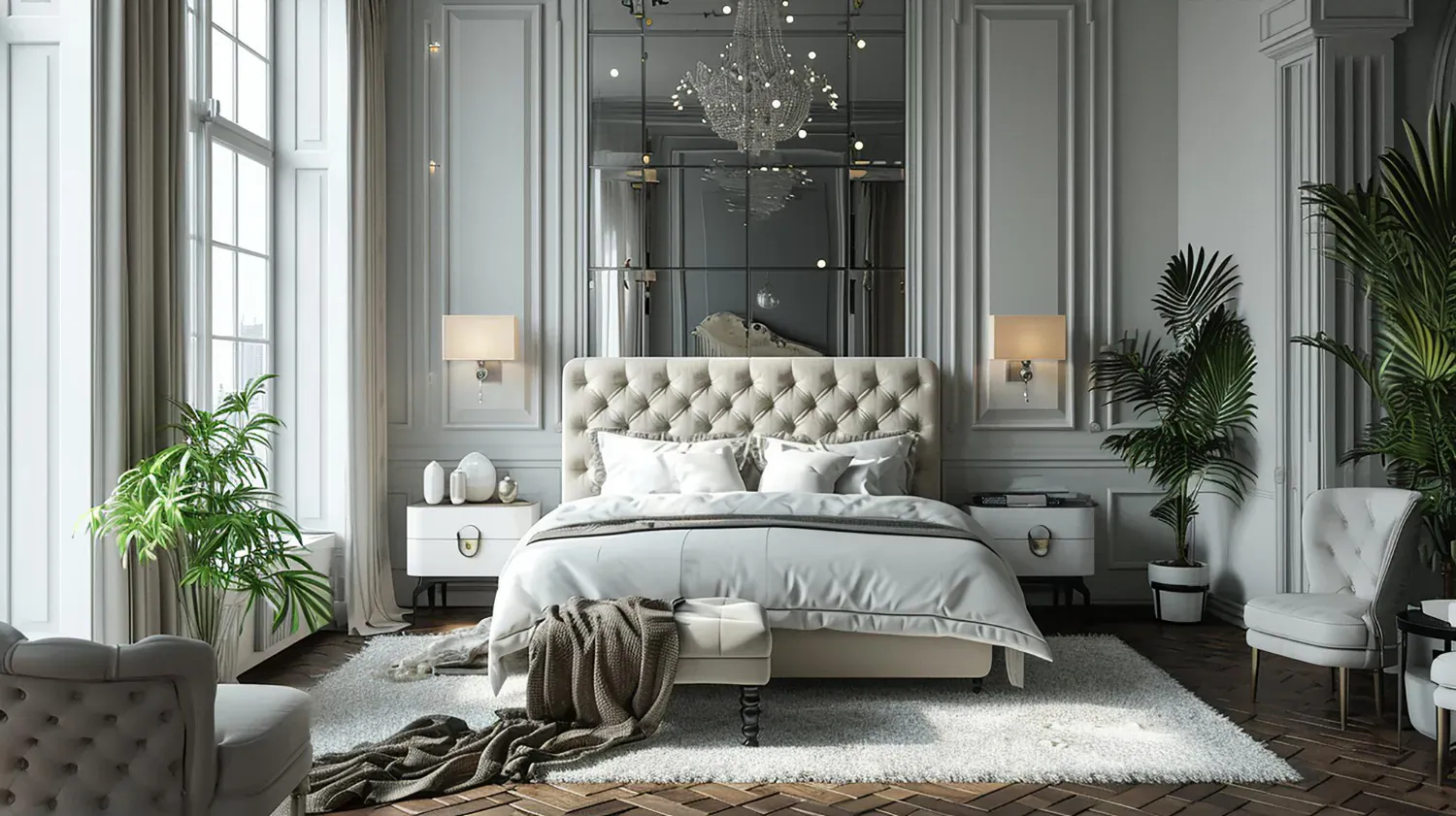Elegant hotel-inspired bedroom with tufted beige bed, chandelier, large mirror, plants, and armchairs.