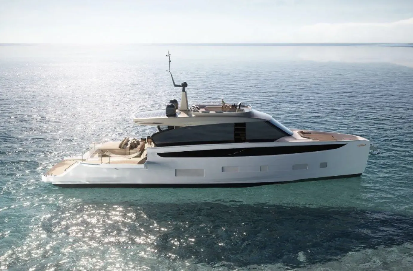 White Azimut Seadeck hybrid yacht with sleek design on turquoise sea under sunny sky
