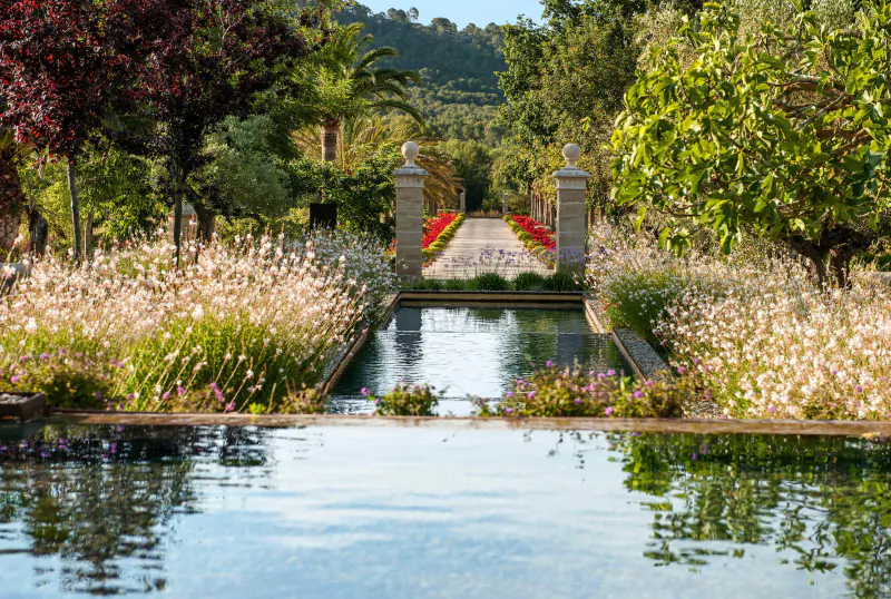 Symmetrical garden path at Castell Son Claret, Mallorca, flanked by red flowerbeds, stone pillars, reflecting pool, and lush trees.
