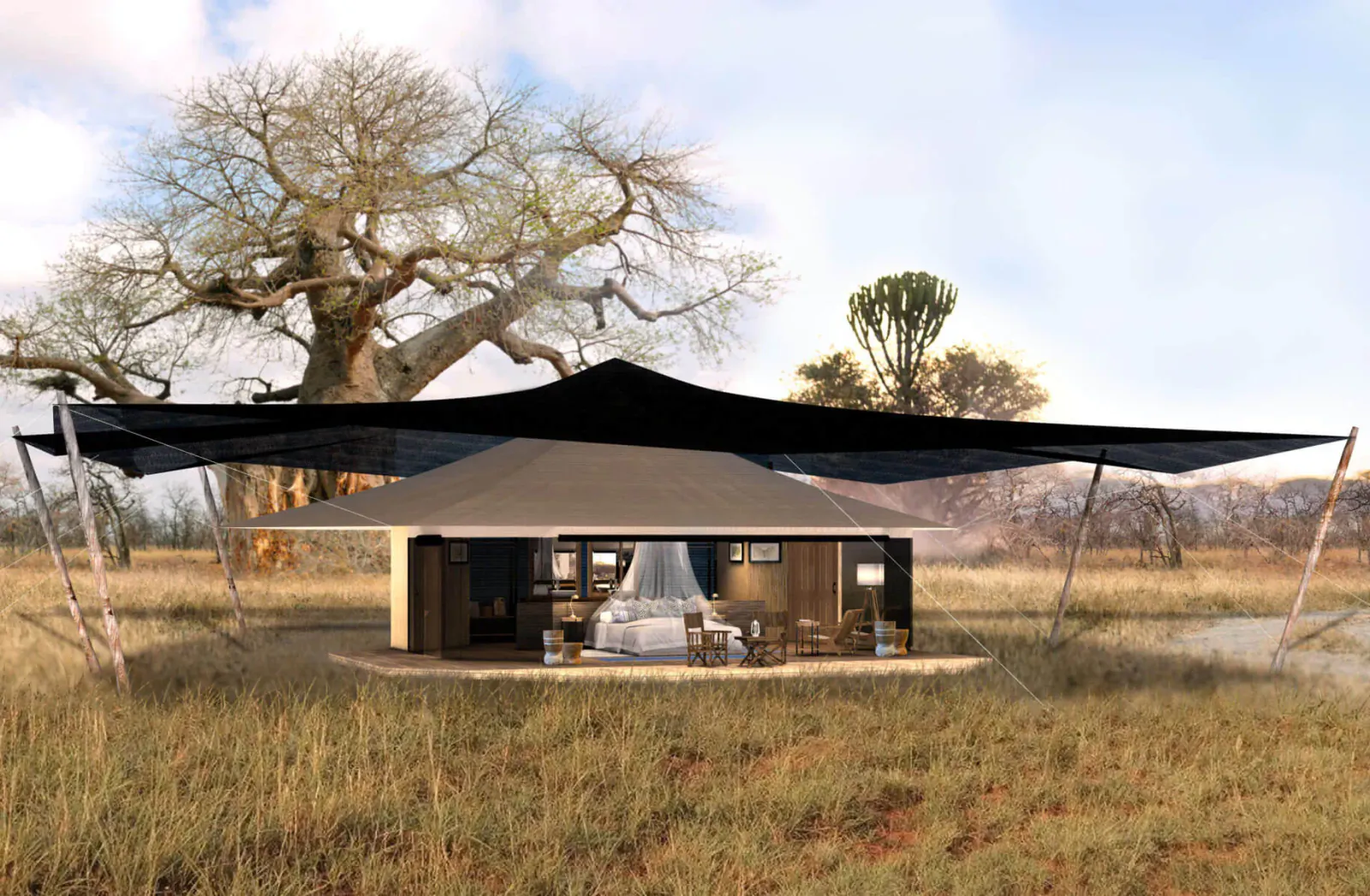 Usangu Expedition Camp tent with black canopy under baobab tree in African savanna grasslands