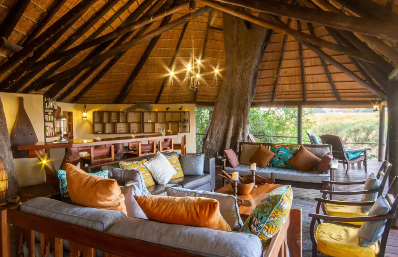Cozy thatched lounge in Botswana bush lodge with colorful sofas, bar, tree trunk, and Okavango views