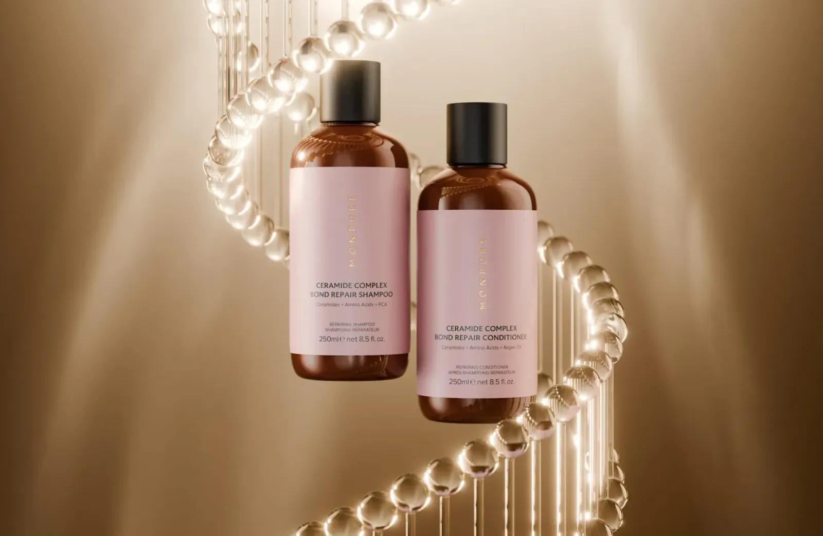 Monpure Ceramide Complex Bond Repair Shampoo and Conditioner bottles with DNA strand on beige background.