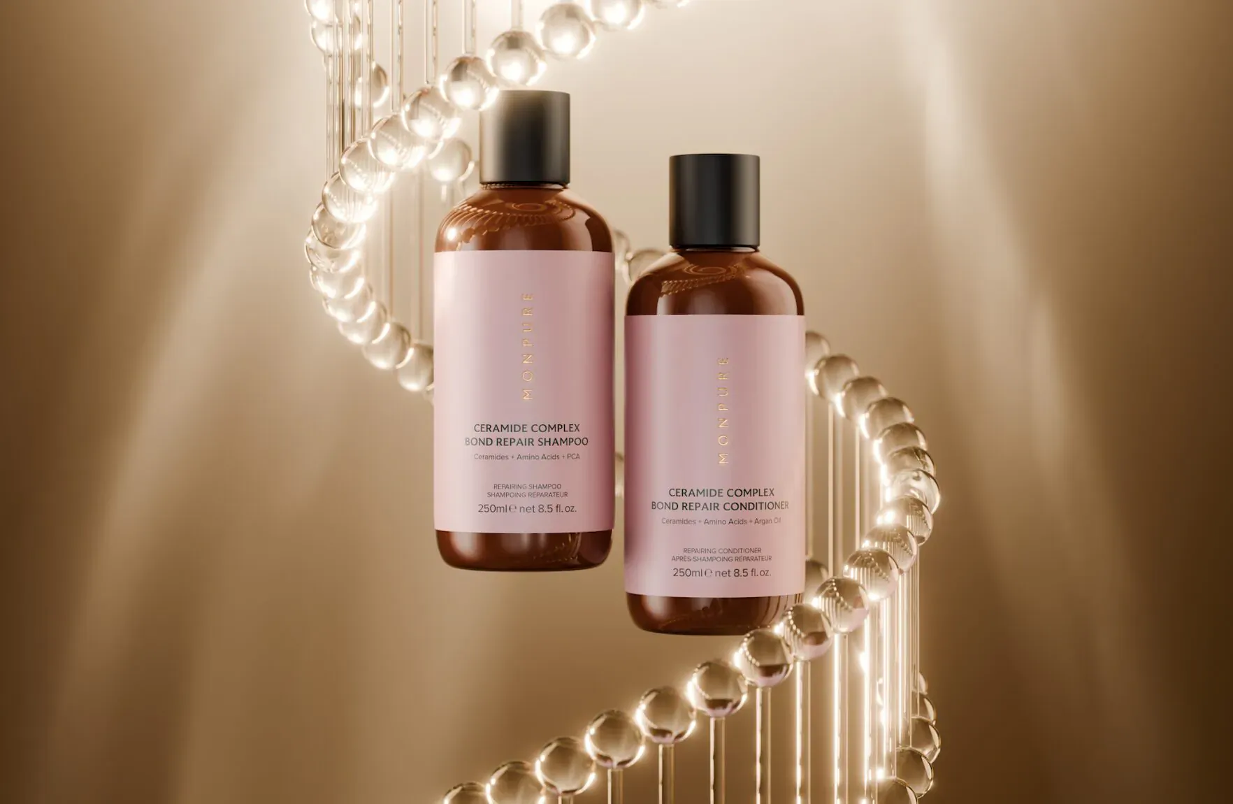 Monpure Ceramide Complex Bond Repair Shampoo and Conditioner bottles with DNA strand on beige background.