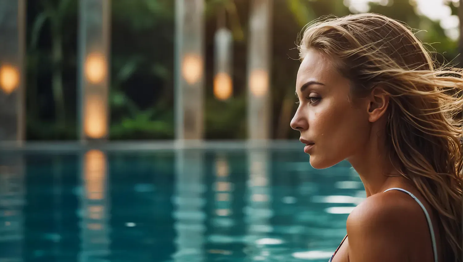 Profile of blonde woman with flowing hair gazing sideways by tropical pool at dusk, lush palms and lit columns behind.