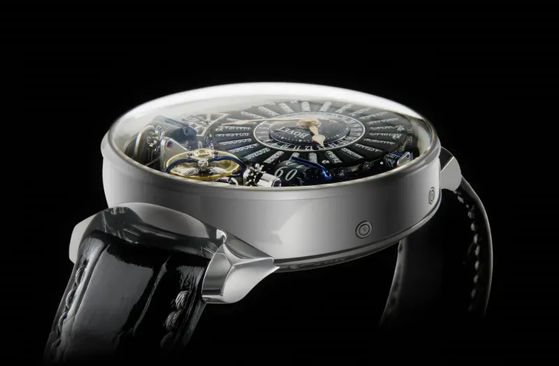 BOVET Récital 28 “Prowess 1” luxury watch with exposed intricate blue mechanical movement on black leather strap