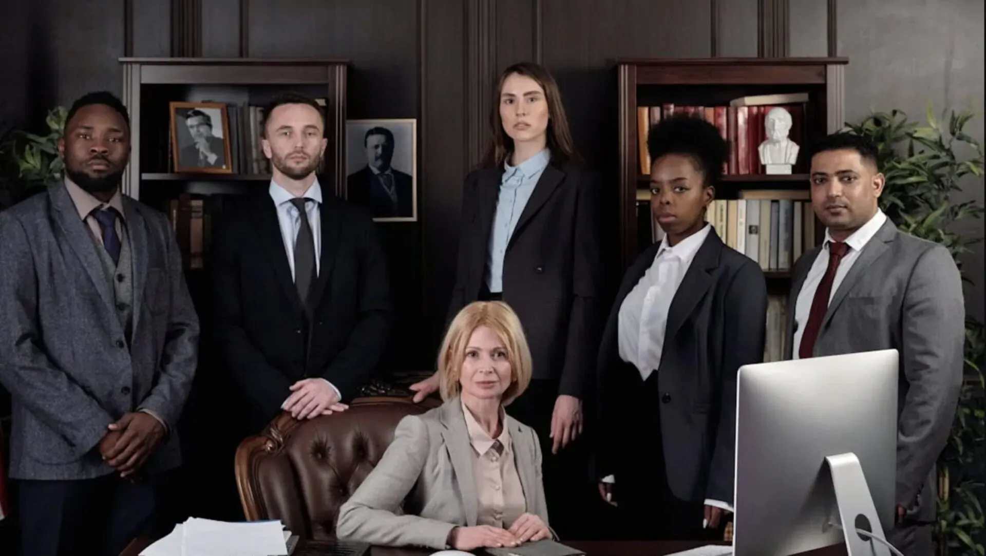 Diverse group of six suited lawyers standing in modern office with bookshelves, plants, and desk computer.