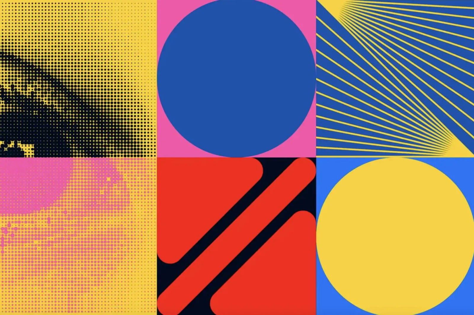 Abstract geometric art grid with halftone eye, bold circles, and shapes in vibrant yellow, blue, red, black.