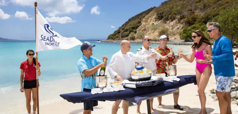 Group celebrating with cake, champagne on SeaDream Yacht Club beach, turquoise water and hills backdrop
