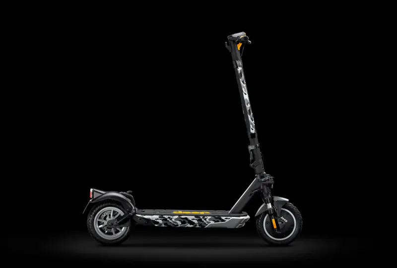 Side view of black Jeep Urban electric scooter with camouflage graphics on black background