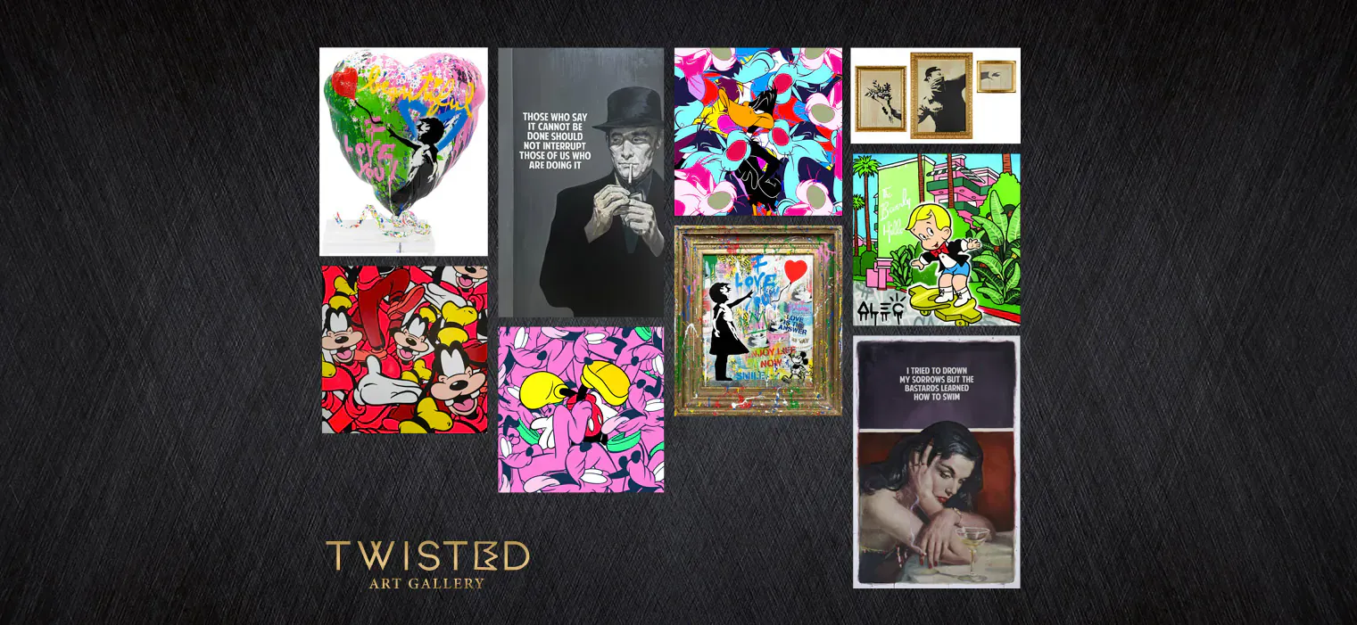 TWISTED Art Gallery wall with vibrant pop art frames of Chaplin, Mickey Mouse, hearts, flowers, and figures