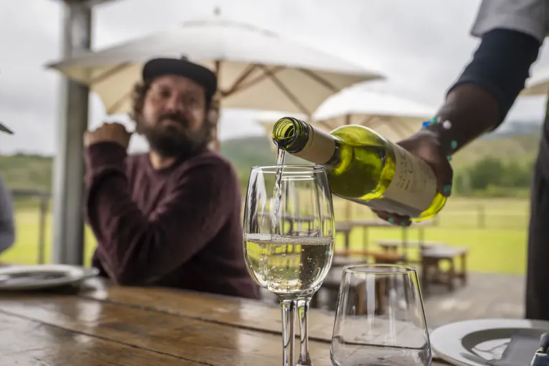 Server pouring white wine from green bottle into glass at Kay and Monty Vineyard's outdoor table, Plettenberg Bay.