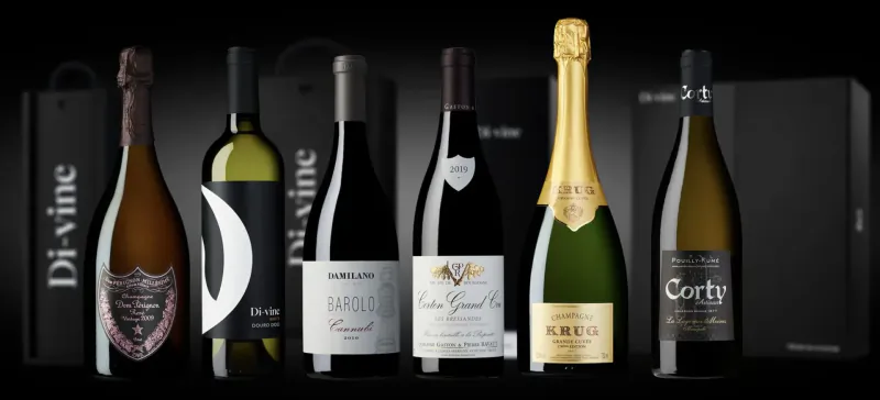 Luxury wine bottles on black background: Dom Pérignon, Cloudy Bay, Louis Jadot, Krug Grande Cuvée, Veuve Clicquot, Corton.