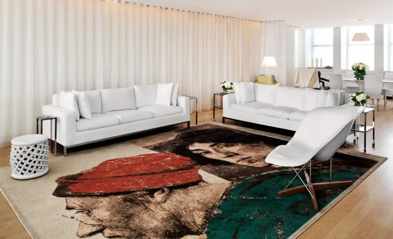 Modern luxury hotel living room with white sofas, Eames chair, and large abstract portrait rug, Sanderson Hotel Gallery.