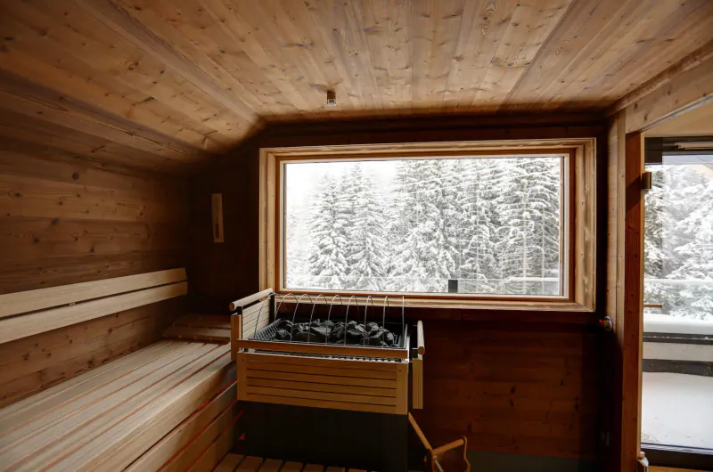 Wooden sauna interior with glowing heater, benches, and large window overlooking snowy pine forest.