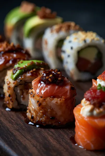 Assortment of sushi rolls with avocado, salmon, sesame seeds, and sauces on wooden board