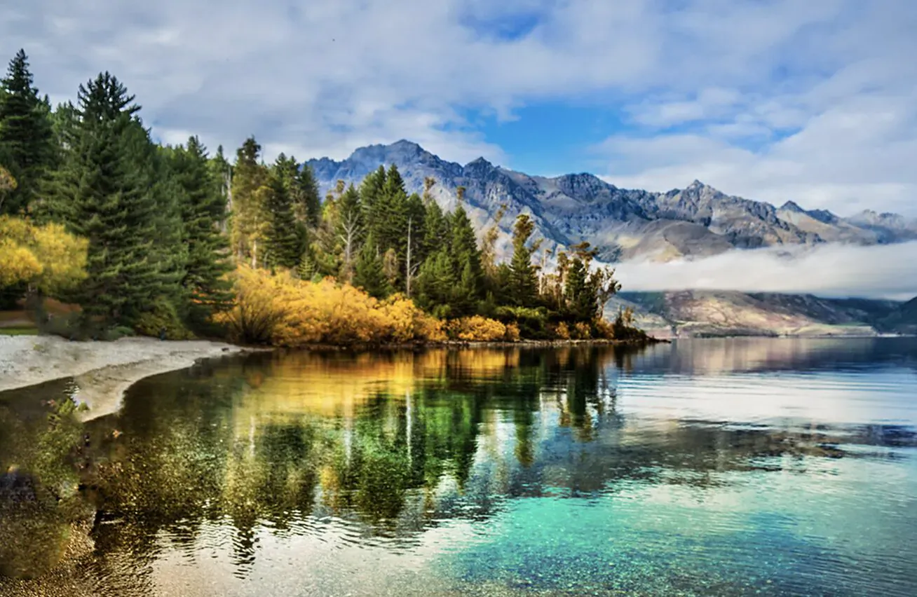 Autumnal pine trees and yellow bushes line a misty lake with snowy mountain reflections, New Zealand.