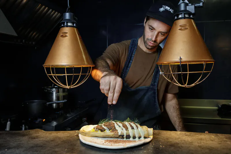 Chef in Terrae Restaurant kitchen sprinkling seasoning on plated fish dish under hanging lamps
