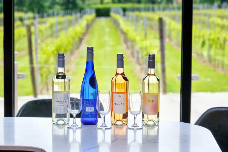 Four Llanerch wine bottles—white, blue, rosé, white—with glasses on table, vineyard view through window.