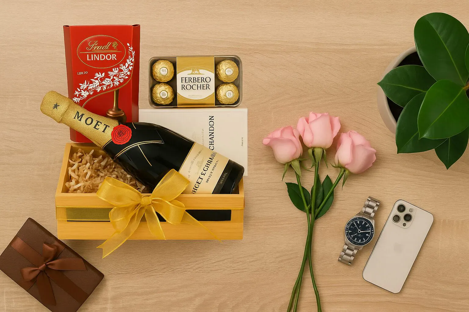 Father’s Day luxury hamper: Moët & Chandon champagne, Lindt & Ferrero Rocher chocolates, pink roses, watch, iPhone on wood table