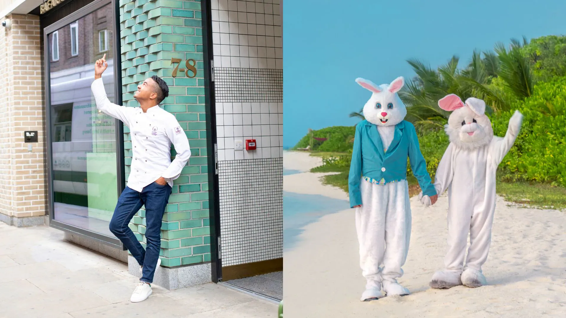 Chef Thomas Alphonsine points at '25' on green building; he and Easter Bunnies in blue and white suits on beach with treats for Hideaway.