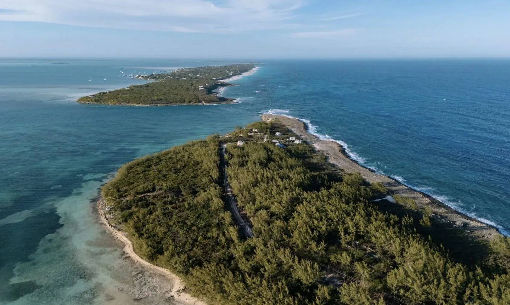 Aerial view of lush green Lot 43 Bottom Harbour Beachfront property in the Bahamas, with sandy shores and turquoise ocean.