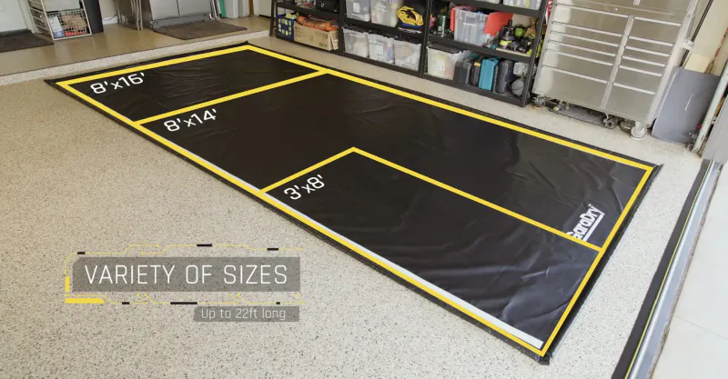 GaraMat garage floor mats in sizes 8x14, 9x14, and 2x8 ft shown laid out in garage with 'Variety of Sizes' label.