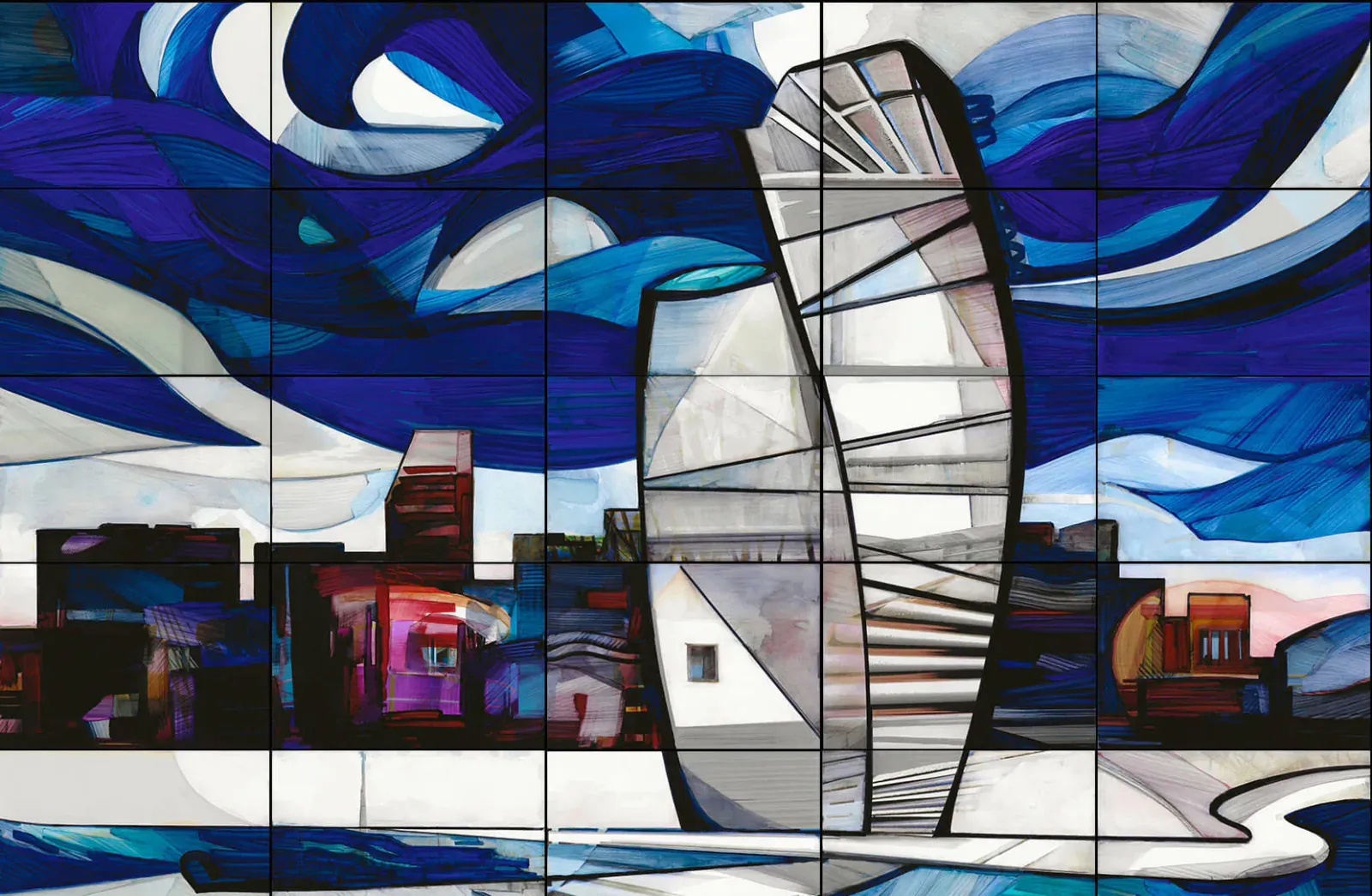 Stained glass artwork of twin white towers in a blue swirling sky over city skyline and water by Aaron Schwartz