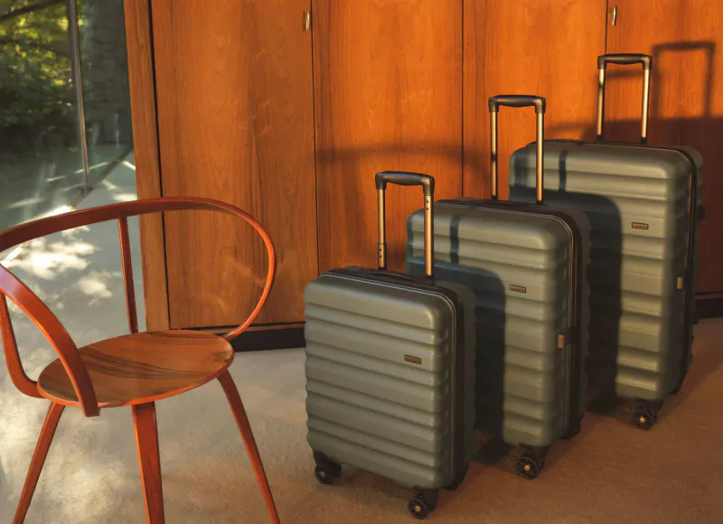 Antler Clifton Collection suitcases in two new winter hues lined up beside curved wooden chair against wooden wall.